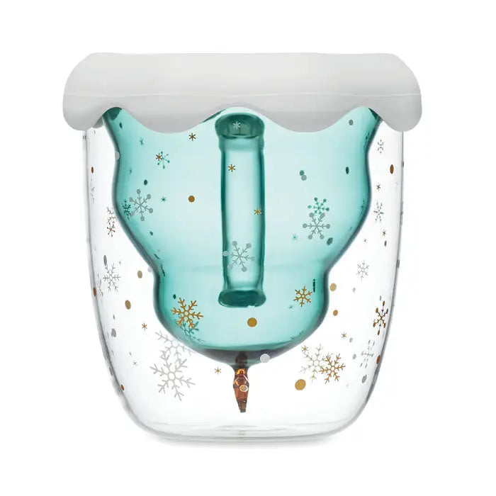 Cană din borosilicat cu perete dublu în formă de om de zăpadă turcoaz cu capac alb și decorațiuni aurii și argintii
