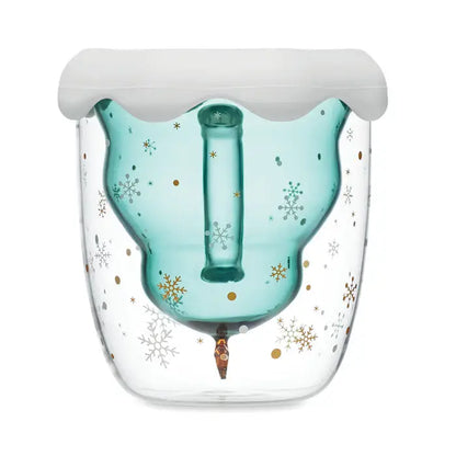 Cană din borosilicat cu perete dublu în formă de om de zăpadă turcoaz cu capac alb și decorațiuni aurii și argintii