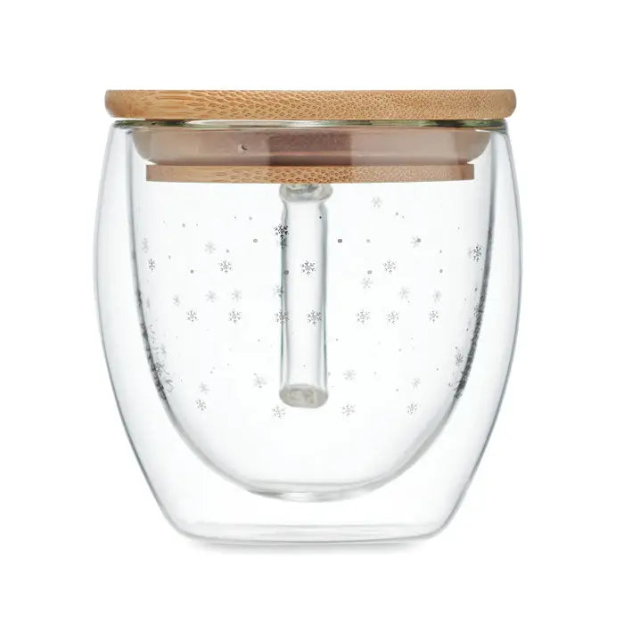 Cana din borosilicat cu perete dublu transparent, capac din bambus si decoratiuni argintii cu fulgi de zapada