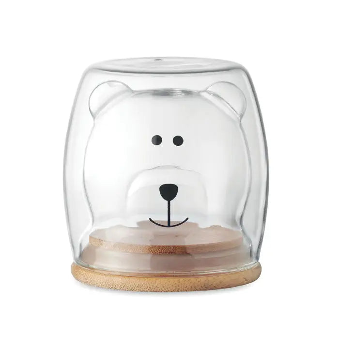 Cană din borosilicat cu perete dublu în formă de urs transparent pe bază de bambus