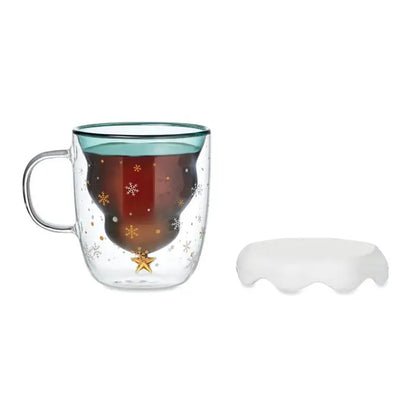 Cana din borosilicat cu perete dublu transparenta cu margine teal si design craciun pom rosu si auriu cu fulgi de zapada