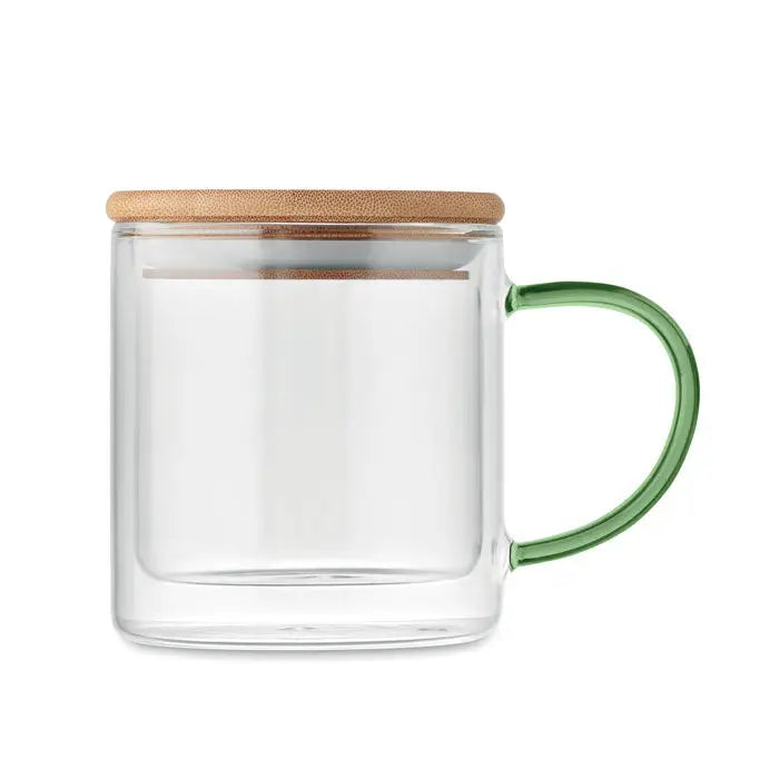 Cana din borosilicat cu perete dublu transparent cu maner verde si capac din bambus