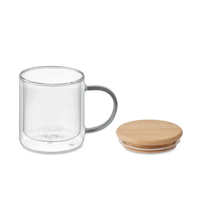 Cana din borosilicat cu perete dublu transparenta, maner negru si capac din bambus