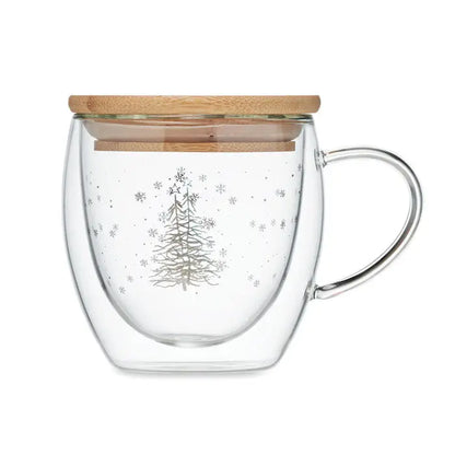 Cană din sticlă borosilicată cu perete dublu, model crăciun argintiu, capac din bambus