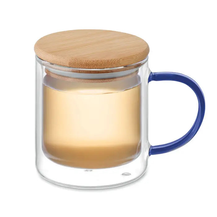 Cană din borosilicatat cu perete dublu, mâner albastru și capac natural din bambus transparentă