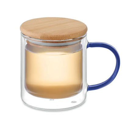 Cană din borosilicatat cu perete dublu, mâner albastru și capac natural din bambus transparentă