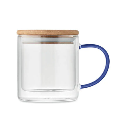 Cana din borosilicat cu perete dublu transparenta cu maner albastru si capac din bambus