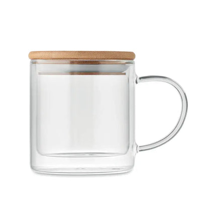Cana din borosilicatat cu perete dublu din sticla clara cu capac din bambus si maner curb la culoare maro deschis