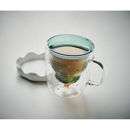 Cana din borosilicat cu perete dublu transparenta cu margine turcoaz si infuzor verde pentru ceai verde