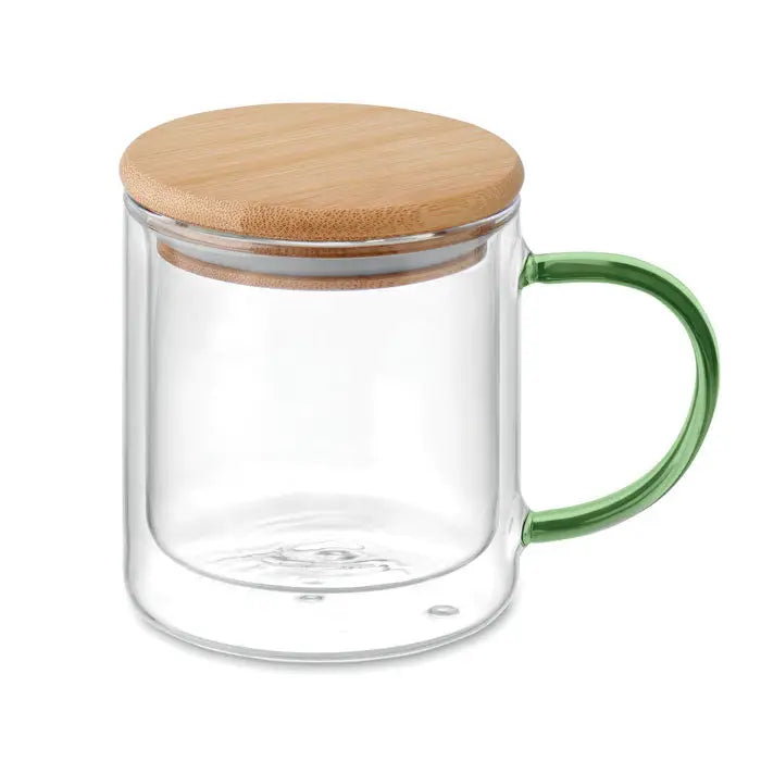 Cană din borosilicat cu perete dublu, mâner verde și capac din bambus, ideală pentru băuturi calde