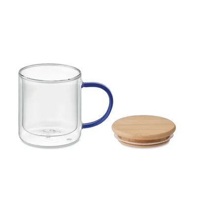 Cana din borosilicat cu perete dublu transparent cu maner albastru vibrant si capac din bambus natural