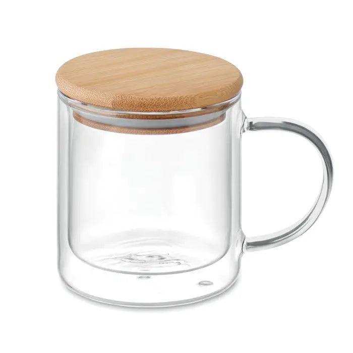 Cana din borosilicat transparenta cu perete dublu, capac din bambus natural si maner curbat elegant