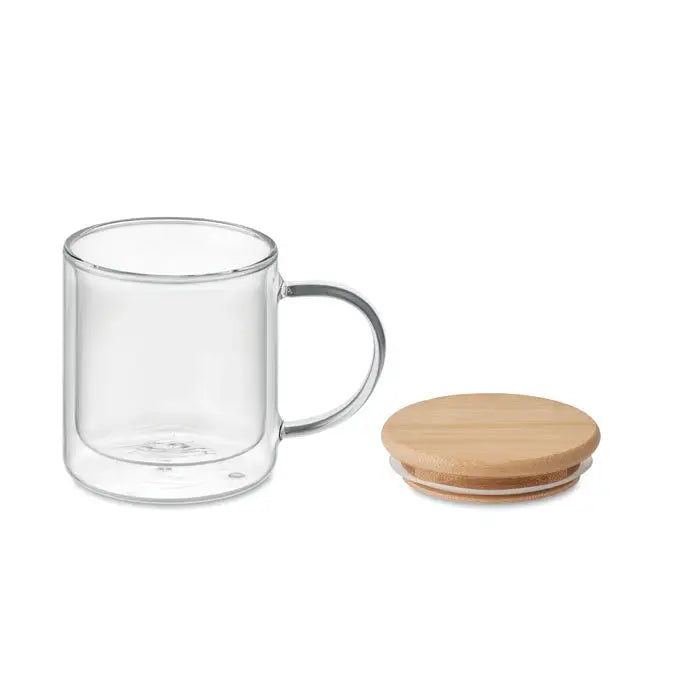 Cana din borosilicat cu perete dublu transparent, maner argintiu elegant si capac natural din bambus