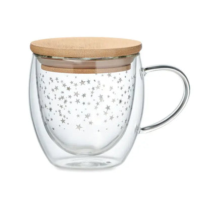 Cana din borosilicat cu perete dublu transparenta cu model stelute argintii si capac din bambus