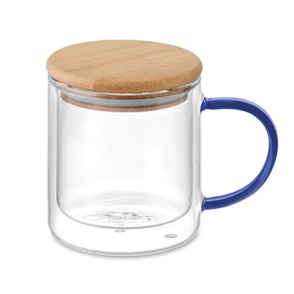 Cana din borosilicat cu perete dublu, maner albastru si capac natural din bambus