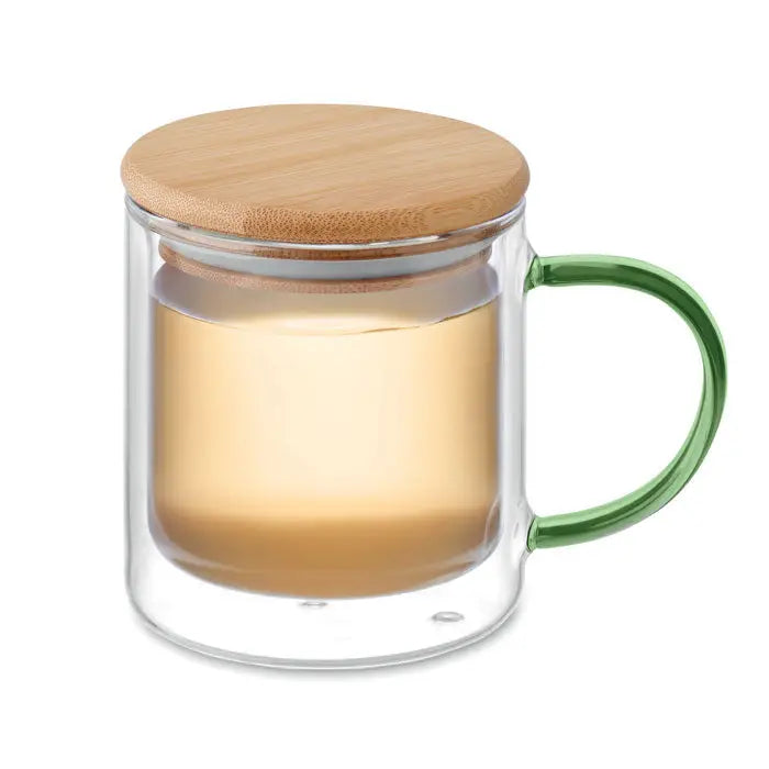 Cana din borosilicat cu perete dublu transparent, maner verde si capac natural din lemn