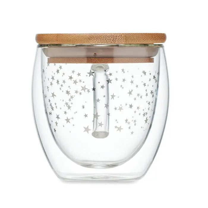 Cana din sticla borosilicata cu perete dublu transparenta cu capac din bambus si model stelute argintii