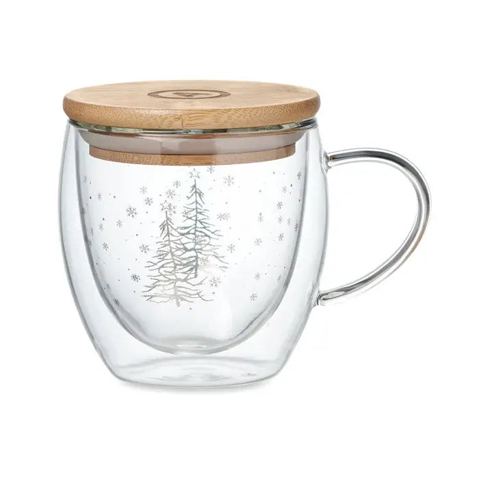 Cana din borosilicat cu perete dublu transparenta, capac de bambus si design argintiu cu craciun