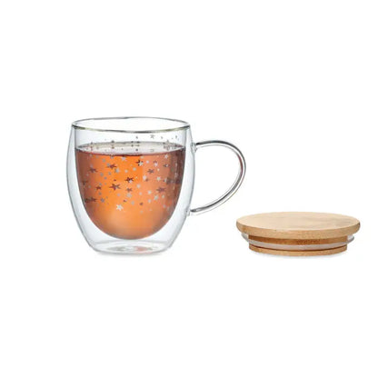 Cana din borosilicata cu perete dublu transparenta, decorata cu stelute argintii si capac din bambus