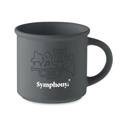 Cana din ceramica mata 300 ml gri inchis cu imprimeu in relief pian, lira, trompeta si textul symphony alb