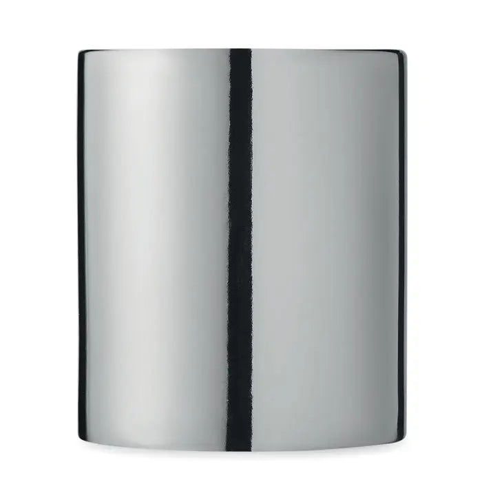 Cana din ceramica metalica de 300 ml, cilindrica, argintie cu dunga verticala neagra