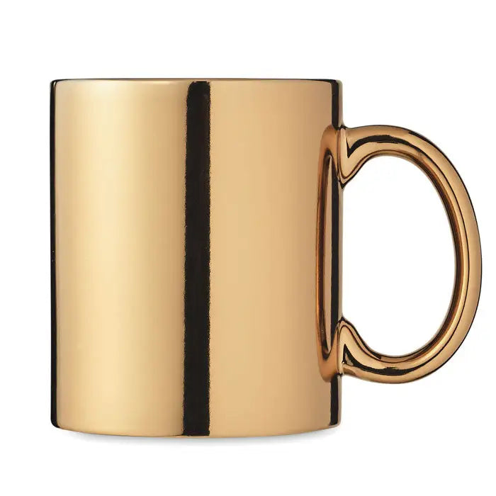 Cana din ceramica metalica 300 ml eleganta, aurie, cu design minimalist si tocator de mana asortat