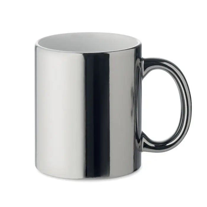 Cană din ceramică metalică 300 ml argintie cu finisaj lucios și toartă asortată