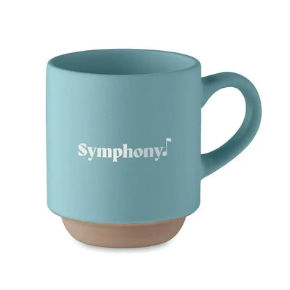 Cană din ceramică stivuibilă de 170 ml, mată teal cu bază bej și text alb symphony