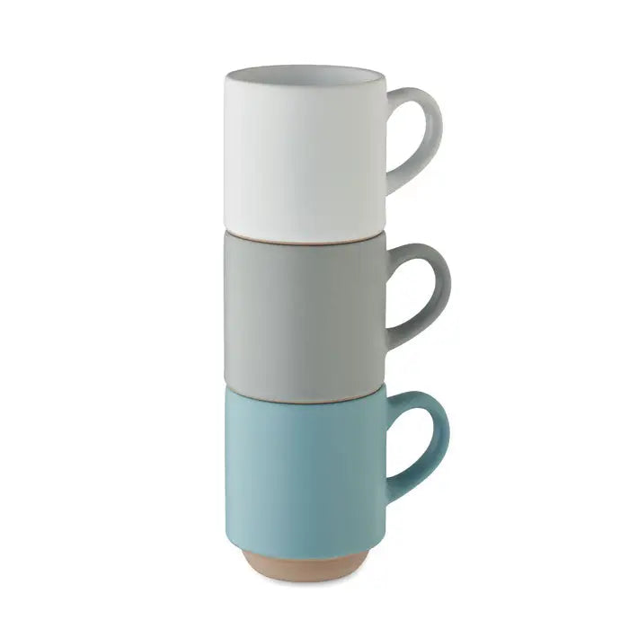 Cana din ceramica stivuibila 170 ml cu trei cesti minimaliste alb, gri si albastru deschis cu baze tonuri pamantii