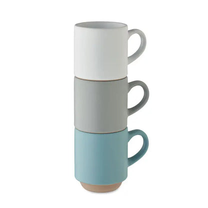 Cana din ceramica stivuibila 170 ml cu trei cesti minimaliste alb, gri si albastru deschis cu baze tonuri pamantii
