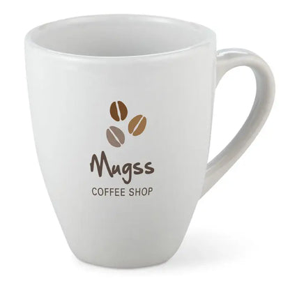 Cana din gresie alba de 160 ml cu logo mugss coffee shop si trei boabe de cafea