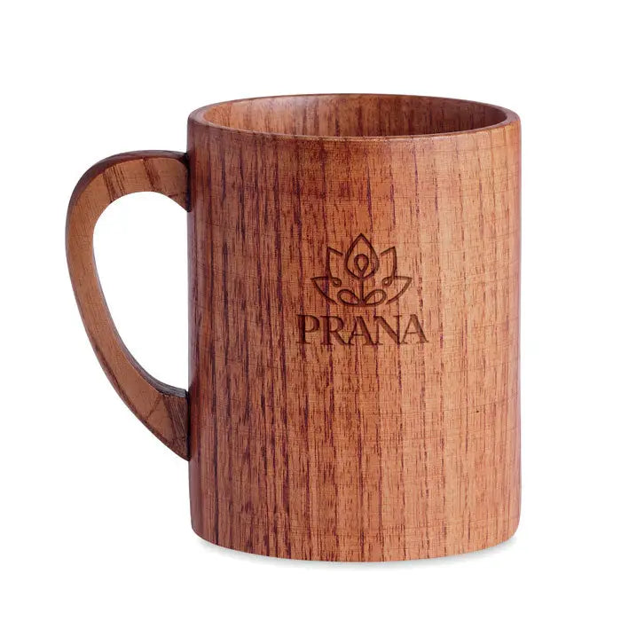 Cană din lemn de stejar 280 ml cu nuanțe calde și gravură lotus prana pe partea laterală