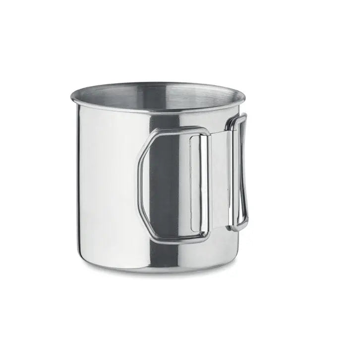 Cana din otel inoxidabil 330 ml cu maner integrat robust si finisaj stralucitor pentru camping