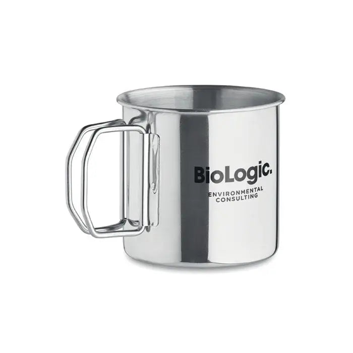 Cana din otel inoxidabil 330 ml argintie cu maner rezistent si logo biologic environmental consulting negru