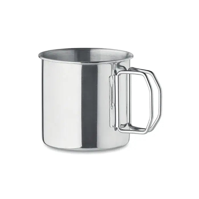 Cana din otel inoxidabil argintie de 330 ml cu maner unghiular robust pentru camping