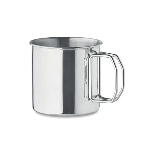 Cana din otel inoxidabil argintie de 330 ml cu maner unghiular robust pentru camping