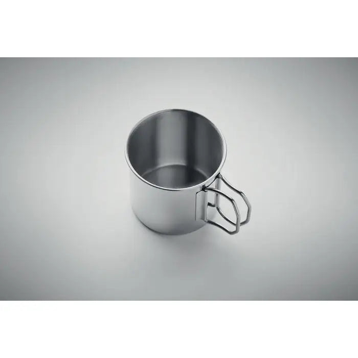 Cana din otel inoxidabil 330 ml argintie cu design minimalist si maner de sarma integrat pentru camping