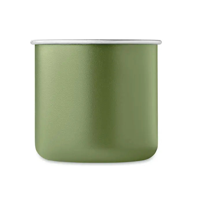 Cana din otel inoxidabil reciclat olive verde cu email si margine argintie perfecta pentru camping