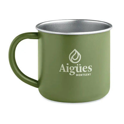Cana din otel inoxidabil reciclat verde masliniu cu interior argintiu si logo alb aigües montseny