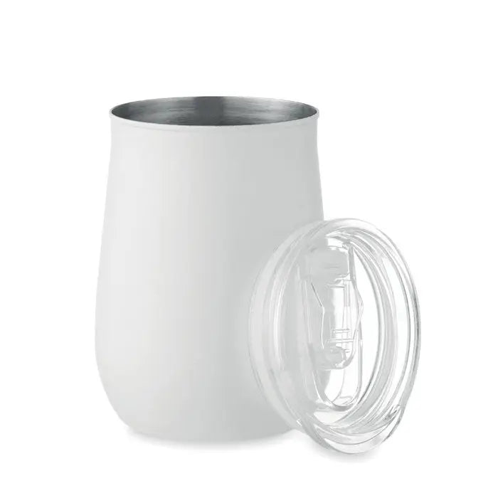 Cana din otel inoxidabil reciclat alba izolata termic cu capac transparent si interior din otel inoxidabil