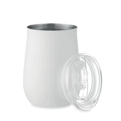 Cana din otel inoxidabil reciclat alba izolata termic cu capac transparent si interior din otel inoxidabil