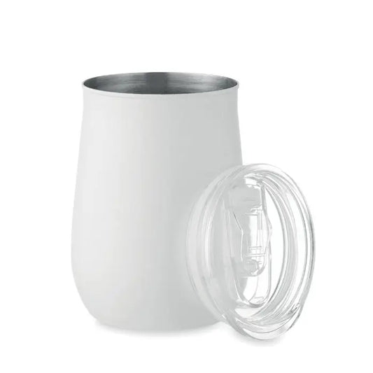 Cana din otel inoxidabil reciclat alba izolata termic cu capac transparent si interior din otel inoxidabil