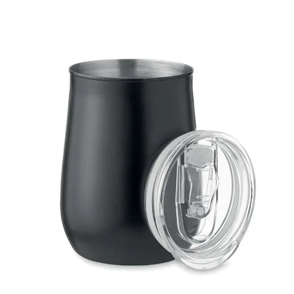 Cana din otel inoxidabil reciclat cu finisaj negru mat, pahar termoizolant cu capac transparent si mecanism flip-top
