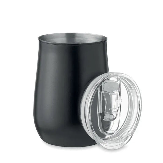 Cana din otel inoxidabil reciclat cu finisaj negru mat, pahar termoizolant cu capac transparent si mecanism flip-top