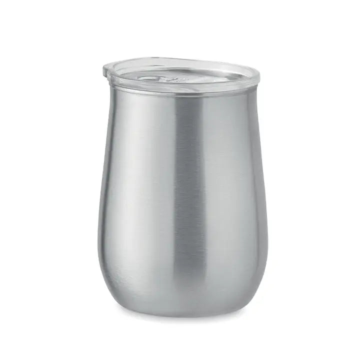 Cana din otel inoxidabil reciclat argintie izolata cu capac transparent din plastic