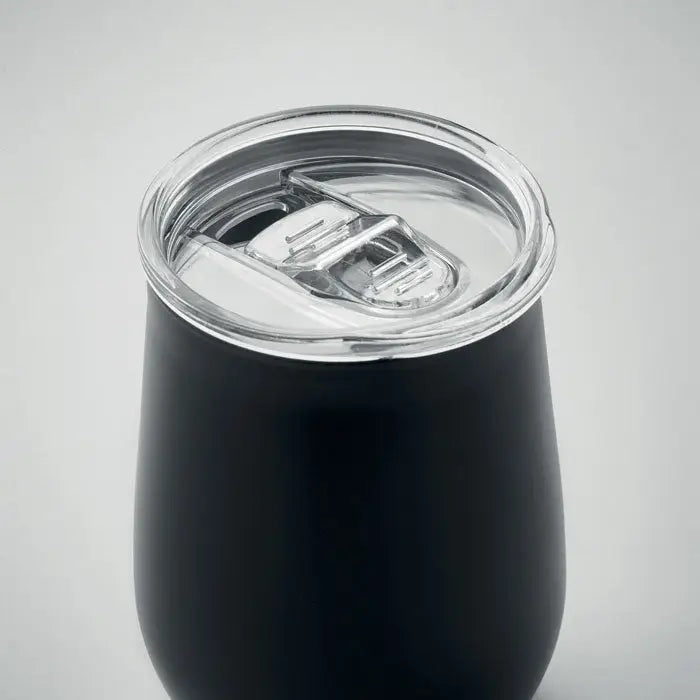 Cană din oțel inoxidabil reciclat neagră, izotermă, cu capac transparent modern cu mecanism pull-tab
