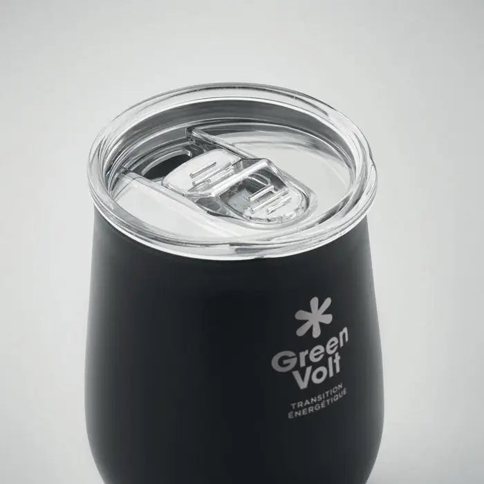Cana din otel inoxidabil reciclat neagra izolata cu capac transparent rabatabil si logo green volt alb