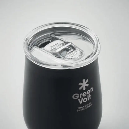 Cana din otel inoxidabil reciclat neagra izolata cu capac transparent rabatabil si logo green volt alb