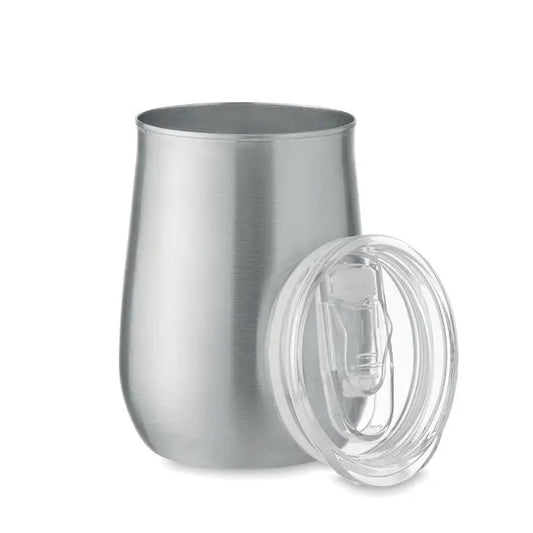 Cana din otel inoxidabil reciclat argintie fara pai cu capac din plastic transparent si sistem integrat de baut