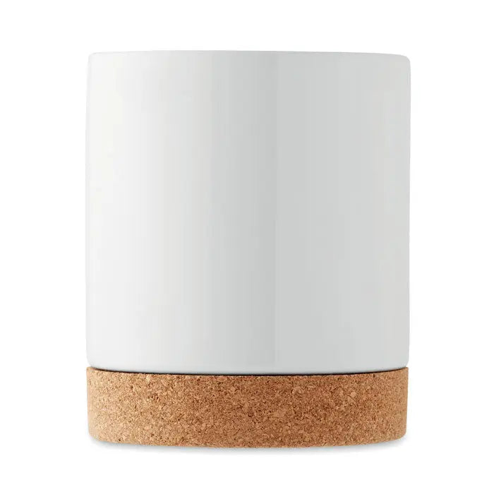 Cana din pluta ceramica 280 ml alba cu baza din pluta naturala cilindrica pentru bauturi